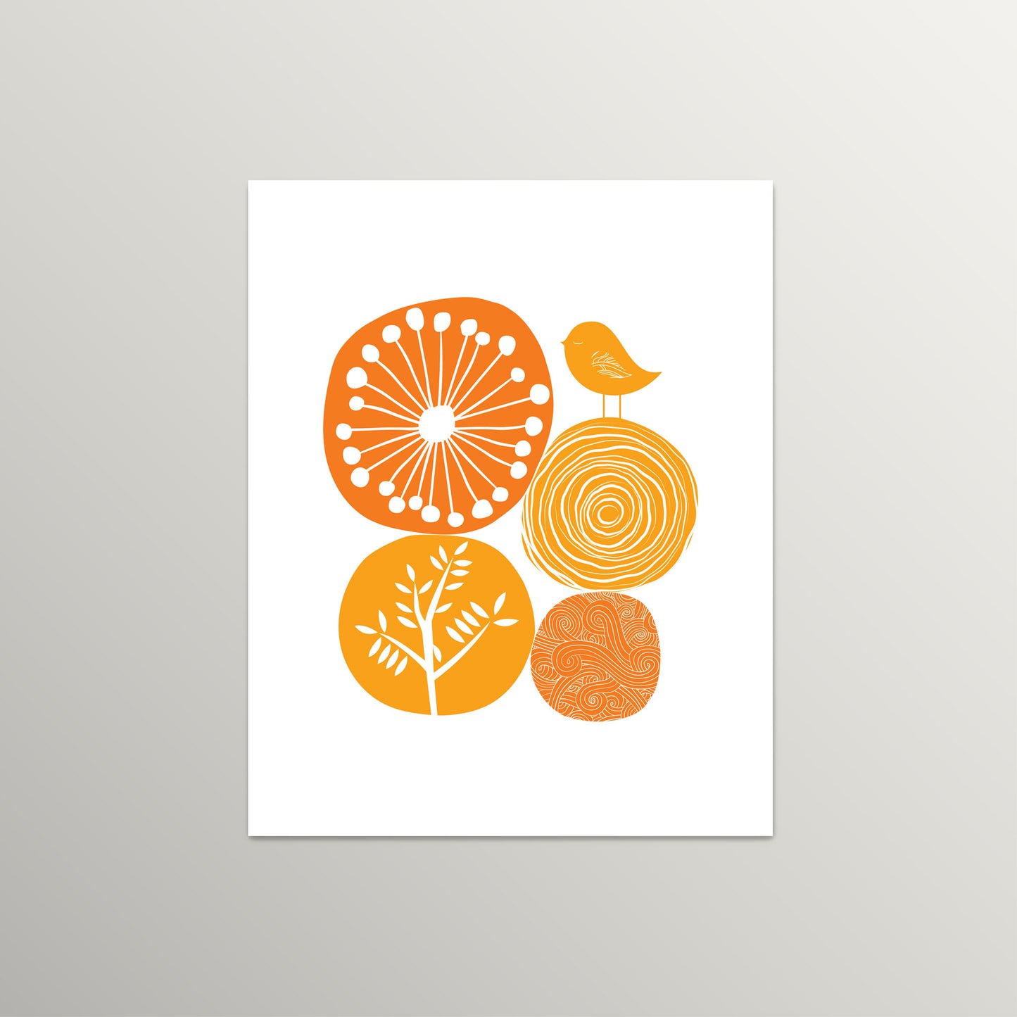 Orange Abstract Nature Wall Art | Modern Minimalist Scandinavian Nursery Print | Mid-Century Floral Bird Illustration for Contemporary Home Decor | UNFRAMED Giclée Print