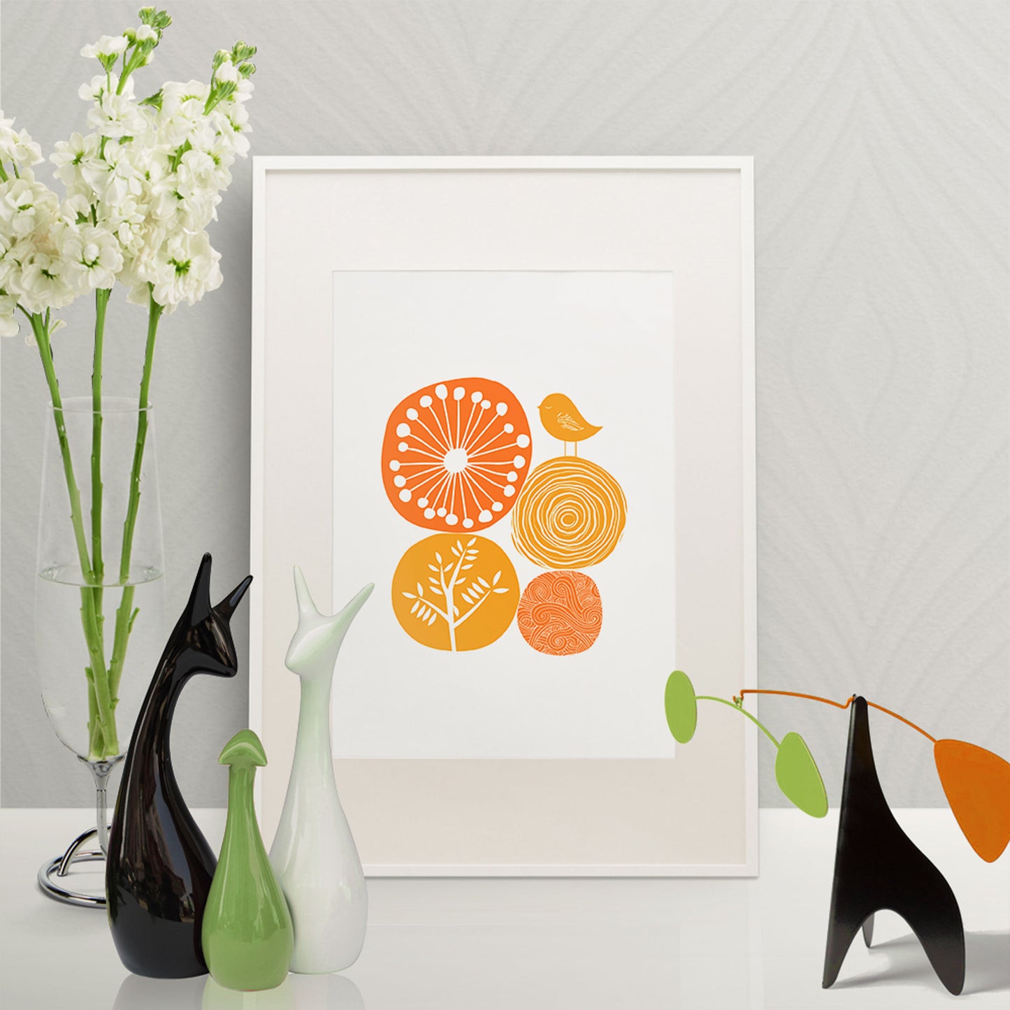 Orange Abstract Nature Wall Art | Modern Minimalist Scandinavian Nursery Print | Mid-Century Floral Bird Illustration for Contemporary Home Decor | UNFRAMED Giclée Print