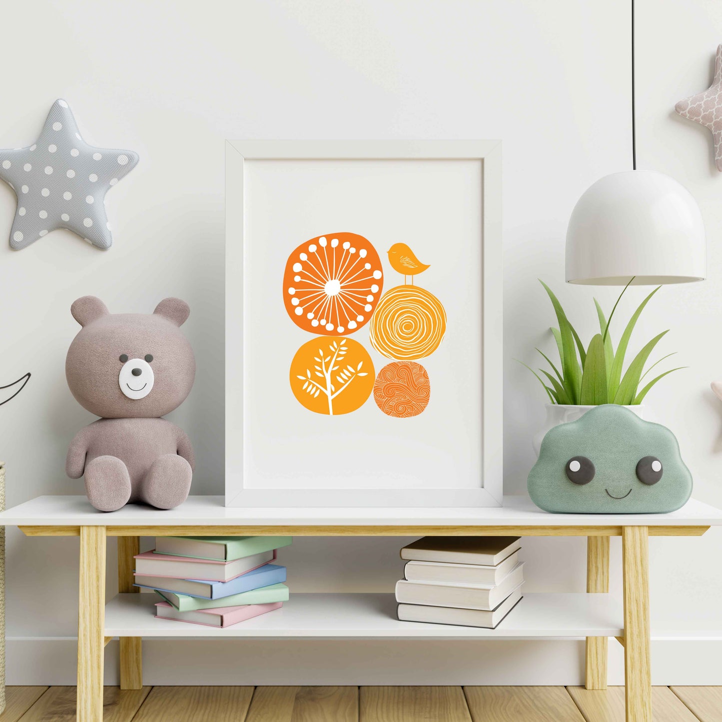 Orange Abstract Nature Wall Art | Modern Minimalist Scandinavian Nursery Print | Mid-Century Floral Bird Illustration for Contemporary Home Decor | UNFRAMED Giclée Print