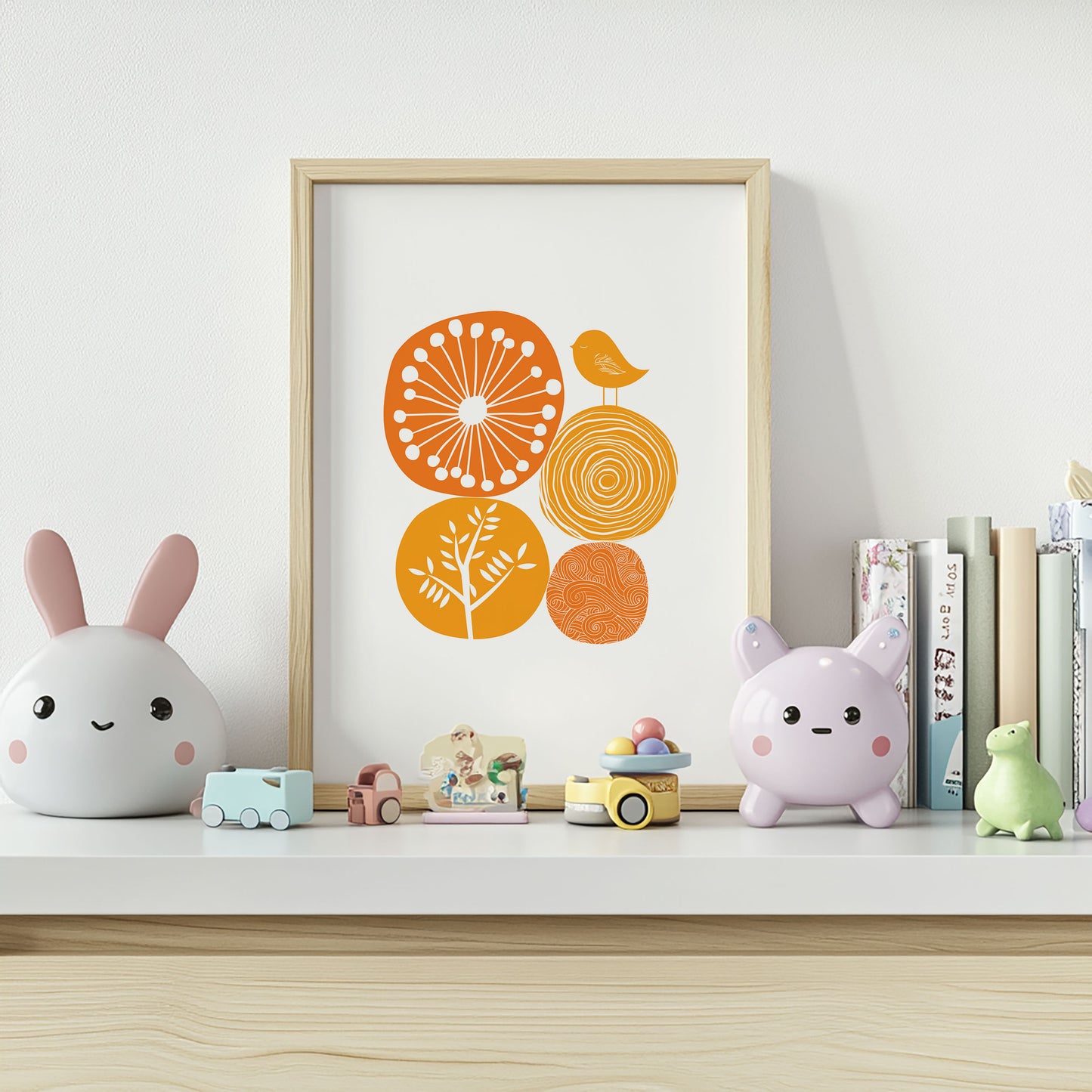 Orange Abstract Nature Wall Art | Modern Minimalist Scandinavian Nursery Print | Mid-Century Floral Bird Illustration for Contemporary Home Decor | UNFRAMED Giclée Print