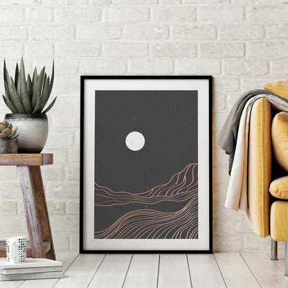 Minimalist Moon & Hills Line Art Print | UNFRAMED Giclée Print