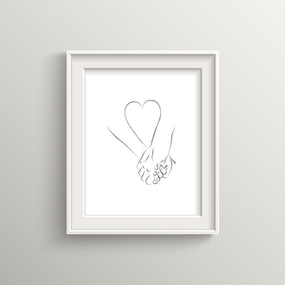 Minimalist Couple Holding Hands and Heart Love Wall Art – Black and White Line Art – Gallery Quality Giclée Print