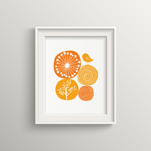 Orange Abstract Nature Wall Art | Modern Minimalist Scandinavian Nursery Print | Mid-Century Floral Bird Illustration for Contemporary Home Decor | UNFRAMED Giclée Print