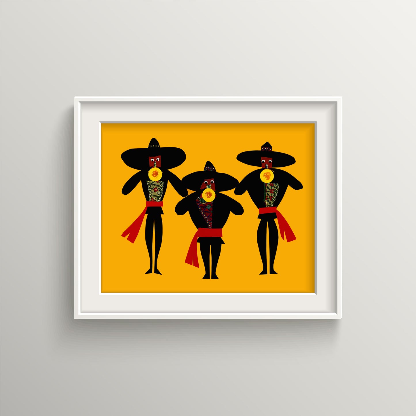 A print of three mariachi band musicians playing trumpets, the illustration is set against a dark yellow background with contrasting black outfits and vibrant red sashes in a white picture frame