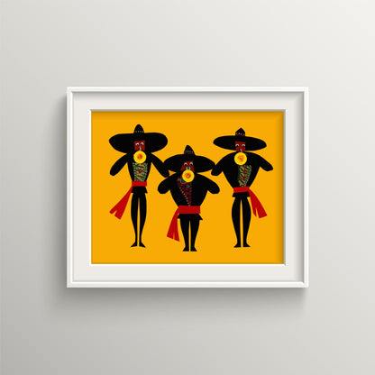 A print of three mariachi band musicians playing trumpets, the illustration is set against a dark yellow background with contrasting black outfits and vibrant red sashes in a white picture frame