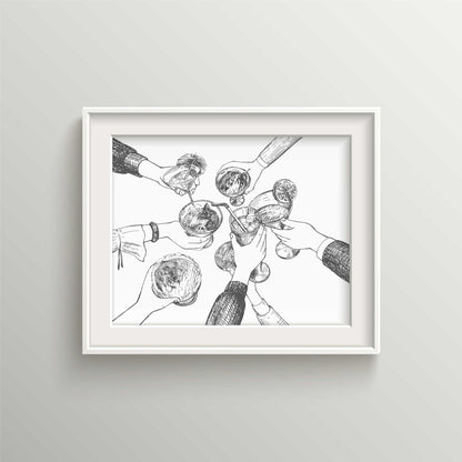 Cheers to Festive Moments: Black and White Friends' Cocktails Illustration | UNFRAMED Wall Art