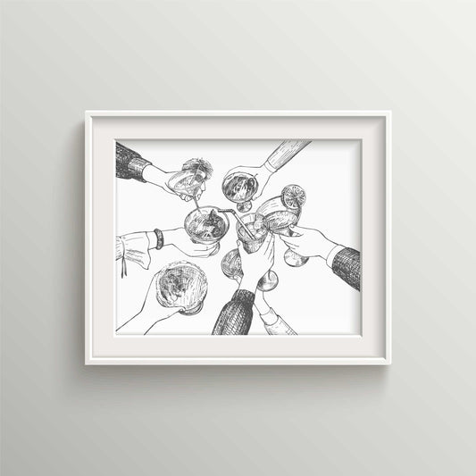 Cheers to Festive Moments: Black and White Friends' Cocktails Illustration | UNFRAMED Wall Art