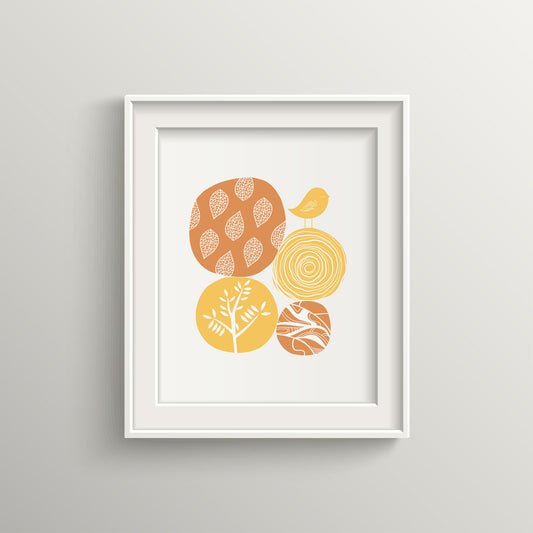 Honey Abstract Nature Wall Art | Modern Minimalist Scandinavian Nursery Print | Mid-Century Floral Bird Illustration for Contemporary Home Decor | UNFRAMED Giclée Print