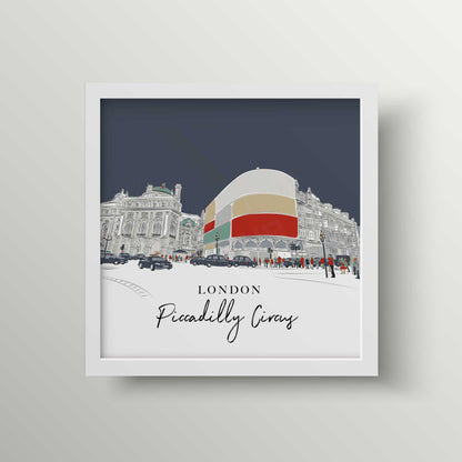 Minimalist Line Drawing of London’s Piccadilly Circus – Unframed Wall Art Print, Colourful Cityscape