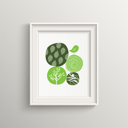 Green Abstract Nature Wall Art | Modern Minimalist Scandinavian Nursery Print | Mid-Century Floral Bird Illustration for Contemporary Home Decor | UNFRAMED Giclée Print