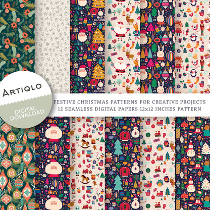 Festive Christmas Surface Patterns for Creative Projects - Seamless Digital Papers - Santa, Trees, Snowmen, and More! Set of 12 Digital Downloads