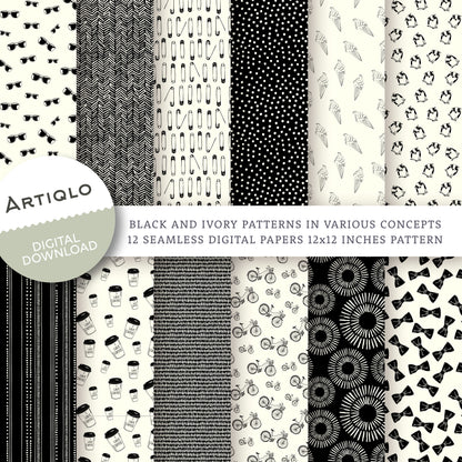 Ivory and Black Contemporary Shapes Seamless Digital Papers, Abstract Objects Surface Pattern for creative projects - Set of 12 Digital Downloads