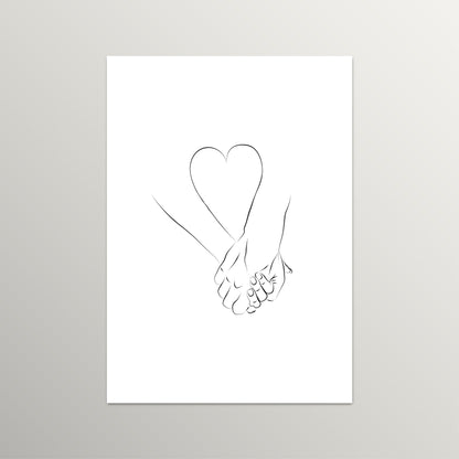 Minimalist Couple Holding Hands and Heart Love Wall Art – Black and White Line Art – Gallery Quality Giclée Print