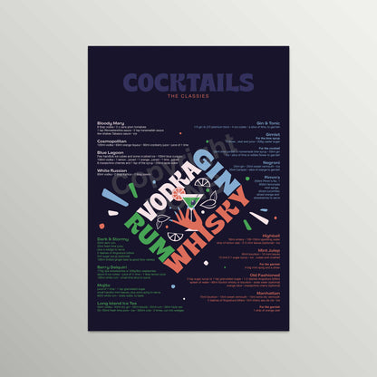 Classic Cocktails Recipe Guide | Retro Drinks Wall Art | Kitchen & Bar Decor | Unframed