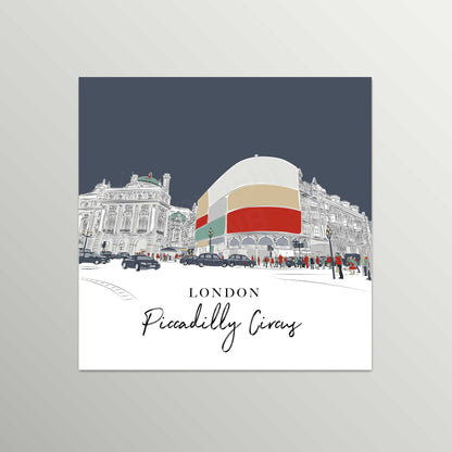 Minimalist Line Drawing of London’s Piccadilly Circus – Unframed Wall Art Print, Colourful Cityscape