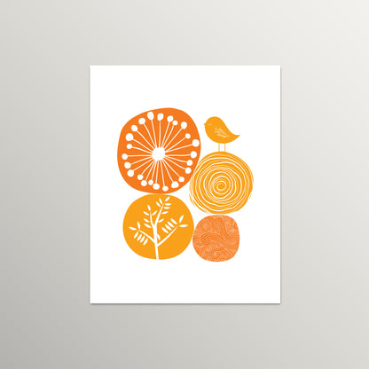 Orange Abstract Nature Wall Art | Modern Minimalist Scandinavian Nursery Print | Mid-Century Floral Bird Illustration for Contemporary Home Decor | UNFRAMED Giclée Print