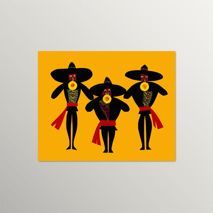 A print of three mariachi band musicians playing trumpets, the illustration is set against a dark yellow background with contrasting black outfits and vibrant red sashes on the wall