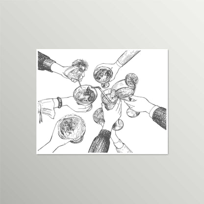 Cheers to Festive Moments: Black and White Friends' Cocktails Illustration | UNFRAMED Wall Art