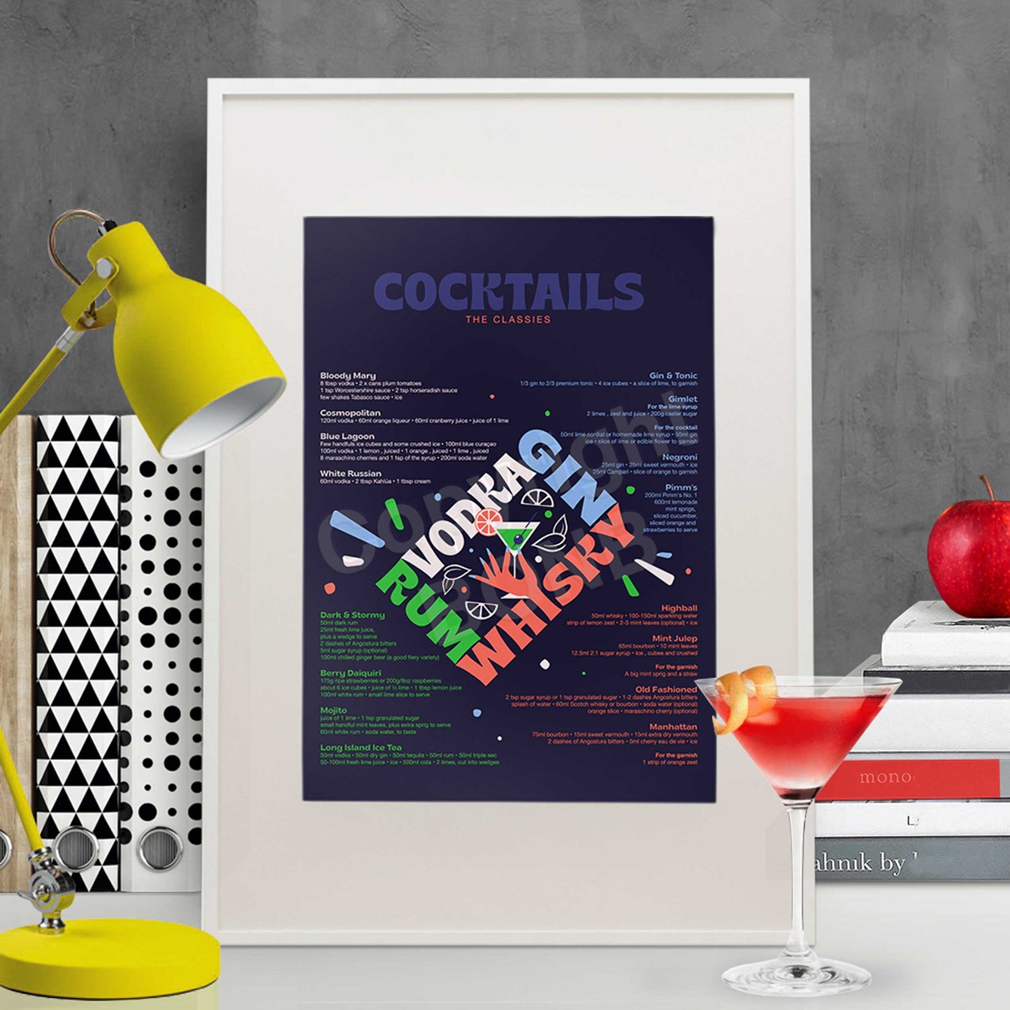 Classic Cocktails Recipe Guide | Retro Drinks Wall Art | Kitchen & Bar Decor | Unframed