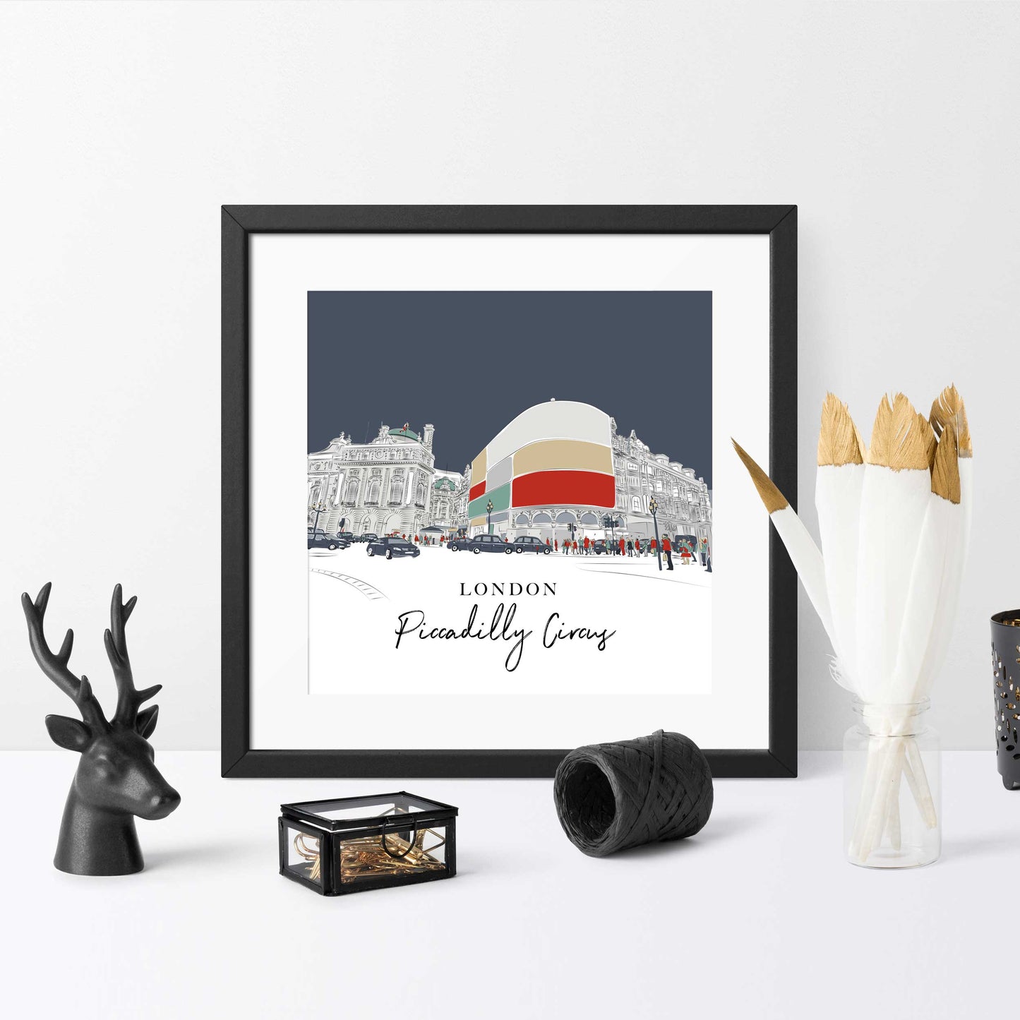 Minimalist Line Drawing of London’s Piccadilly Circus – Unframed Wall Art Print, Colourful Cityscape