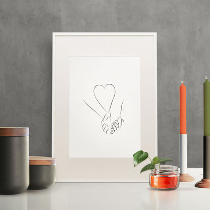 Minimalist Couple Holding Hands and Heart Love Wall Art – Black and White Line Art – Gallery Quality Giclée Print