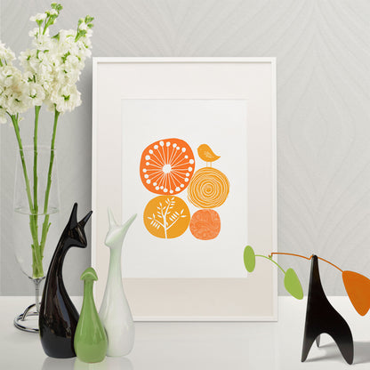 Orange Abstract Nature Wall Art | Modern Minimalist Scandinavian Nursery Print | Mid-Century Floral Bird Illustration for Contemporary Home Decor | UNFRAMED Giclée Print