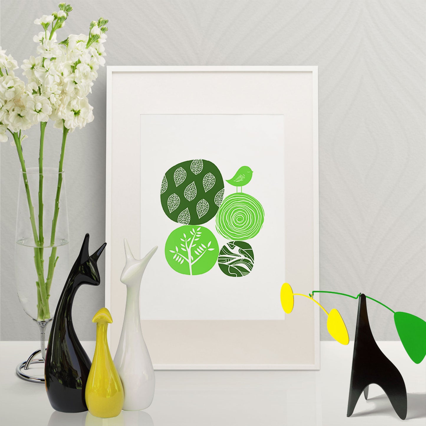 Green Abstract Nature Wall Art | Modern Minimalist Scandinavian Nursery Print | Mid-Century Floral Bird Illustration for Contemporary Home Decor | UNFRAMED Giclée Print