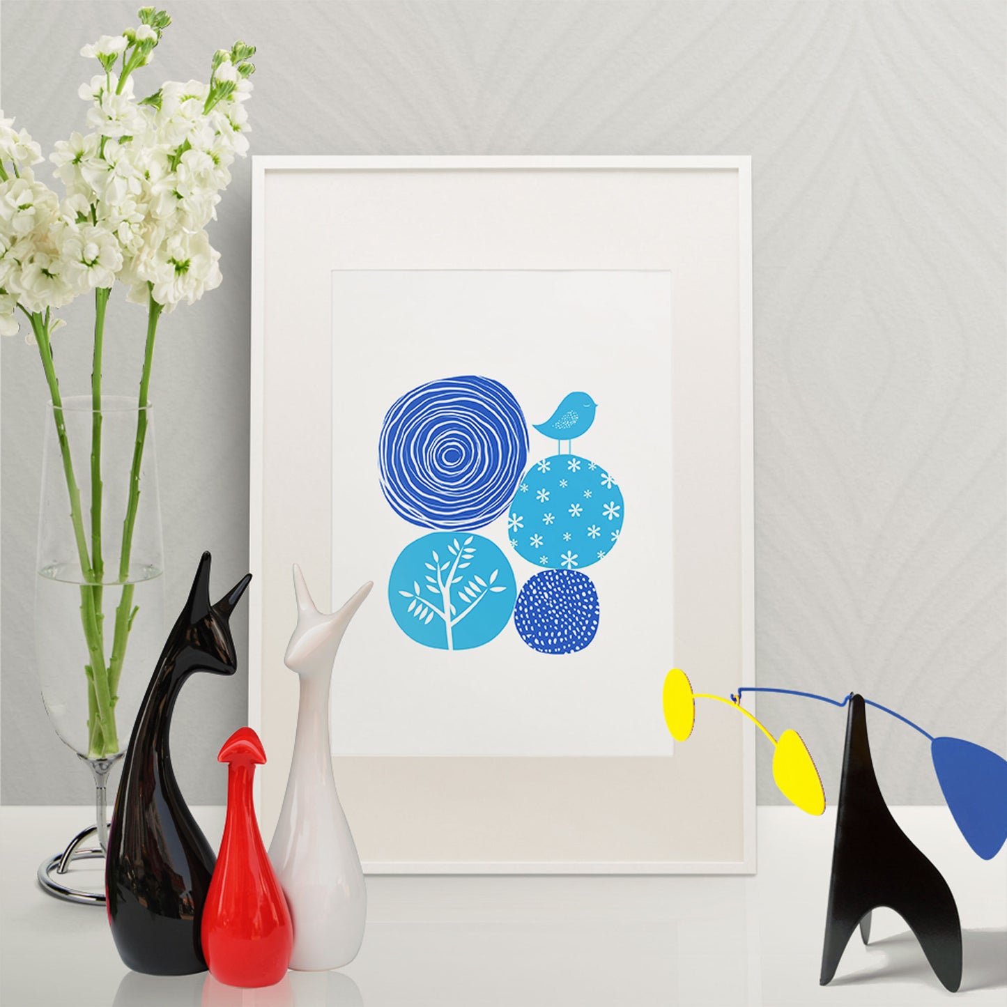 Blue Abstract Nature Wall Art | Modern Minimalist Scandinavian Nursery Print | Mid-Century Floral Bird Illustration for Contemporary Home Decor | UNFRAMED Giclée Print