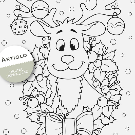 Reindeer Coloring Sheet | Printable Christmas Reindeer Art for Kids | A4 and 8 x 10-inch Digital Download