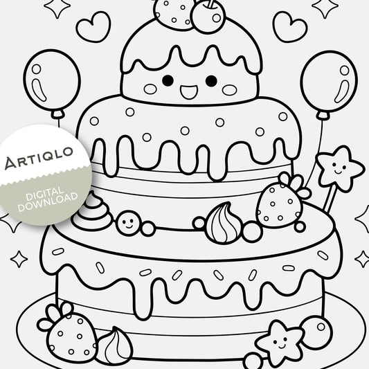 Birthday Cake Coloring Sheet | Printable Cartoon Art for Kids | A4 and 8 x 10-inch Download