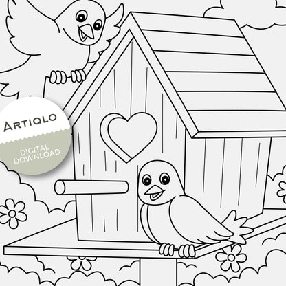 Spring Birdhouse Coloring Sheet | Printable Fun Art for Kids | A4 and 8 x 10-inch Digital Download