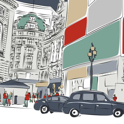 Minimalist Line Drawing of London’s Piccadilly Circus – Unframed Wall Art Print, Colourful Cityscape