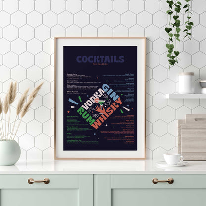 Classic Cocktails Recipe Guide | Retro Drinks Wall Art | Kitchen & Bar Decor | Unframed