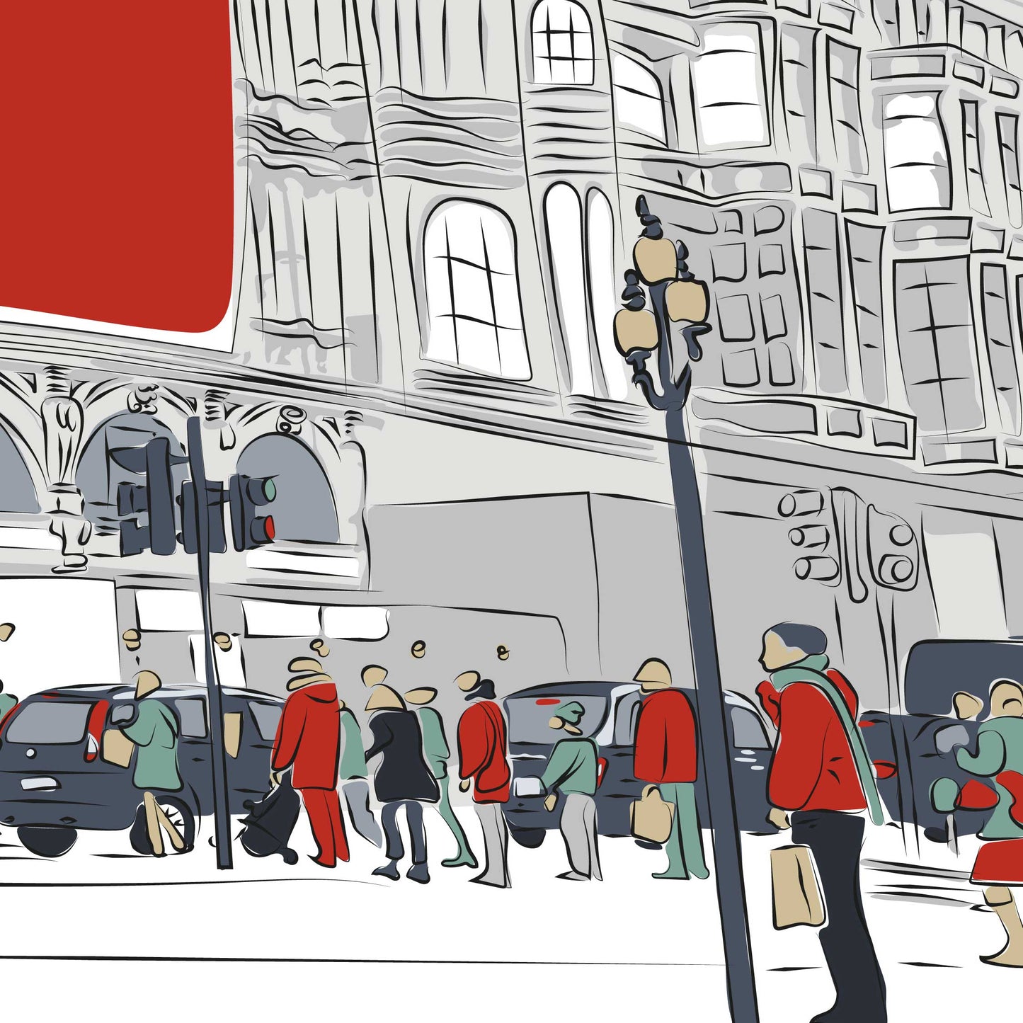 Minimalist Line Drawing of London’s Piccadilly Circus – Unframed Wall Art Print, Colourful Cityscape