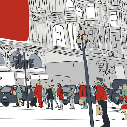 Minimalist Line Drawing of London’s Piccadilly Circus – Unframed Wall Art Print, Colourful Cityscape