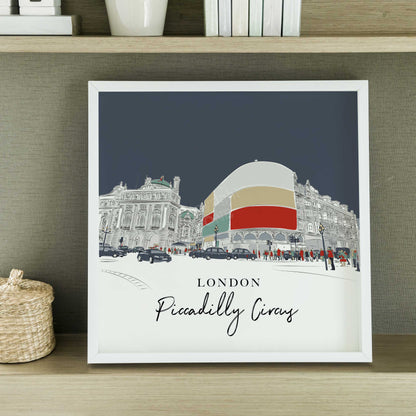 Minimalist Line Drawing of London’s Piccadilly Circus – Unframed Wall Art Print, Colourful Cityscape