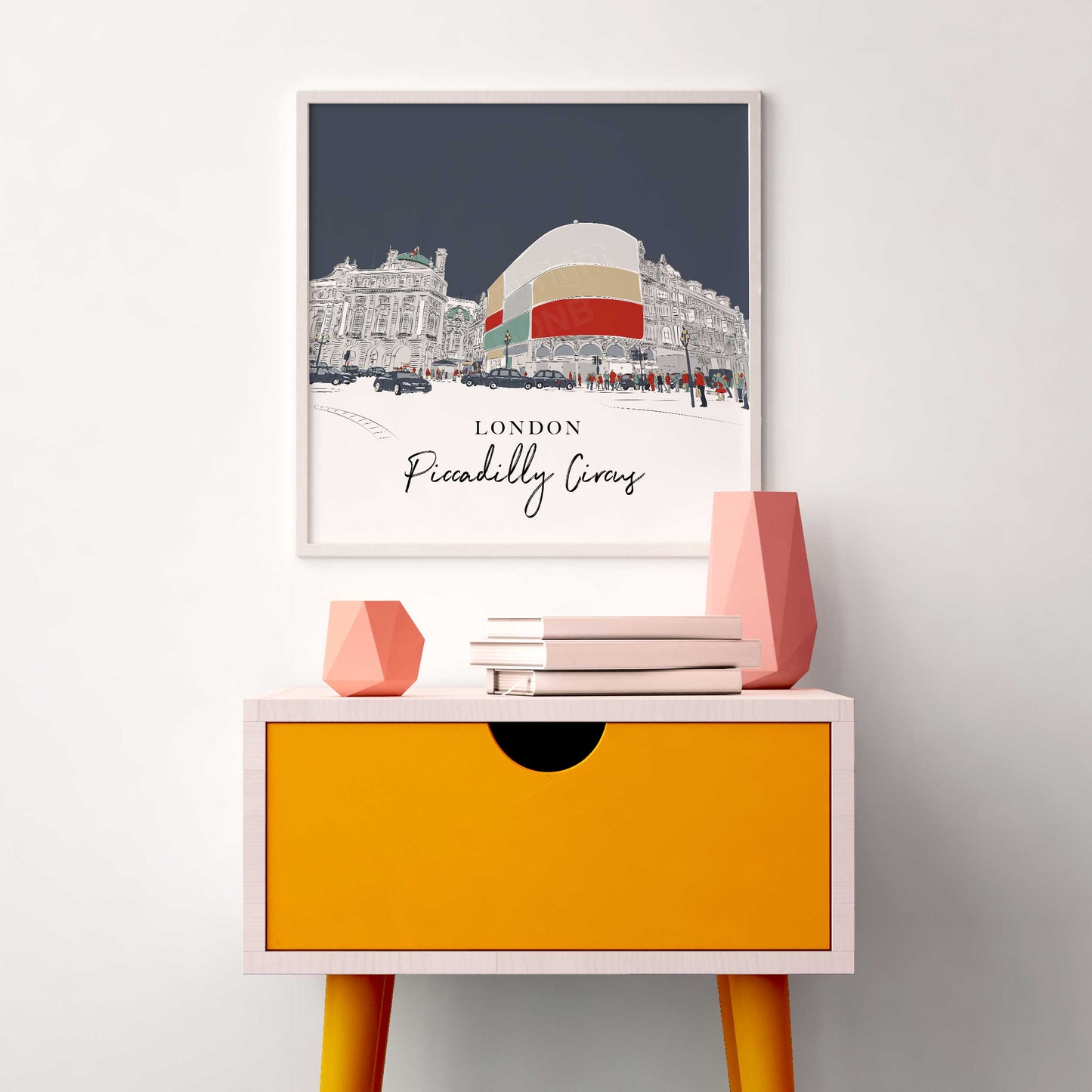 Minimalist Line Drawing of London’s Piccadilly Circus – Unframed Wall Art Print, Colourful Cityscape