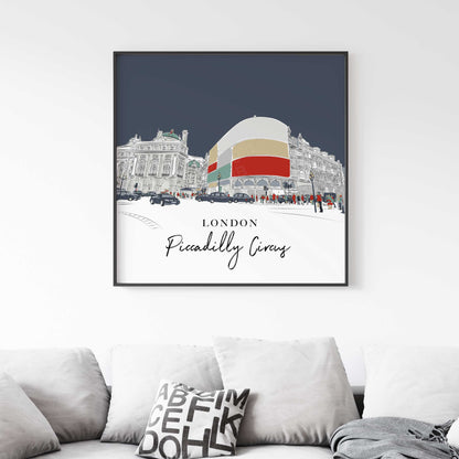 Minimalist Line Drawing of London’s Piccadilly Circus – Unframed Wall Art Print, Colourful Cityscape