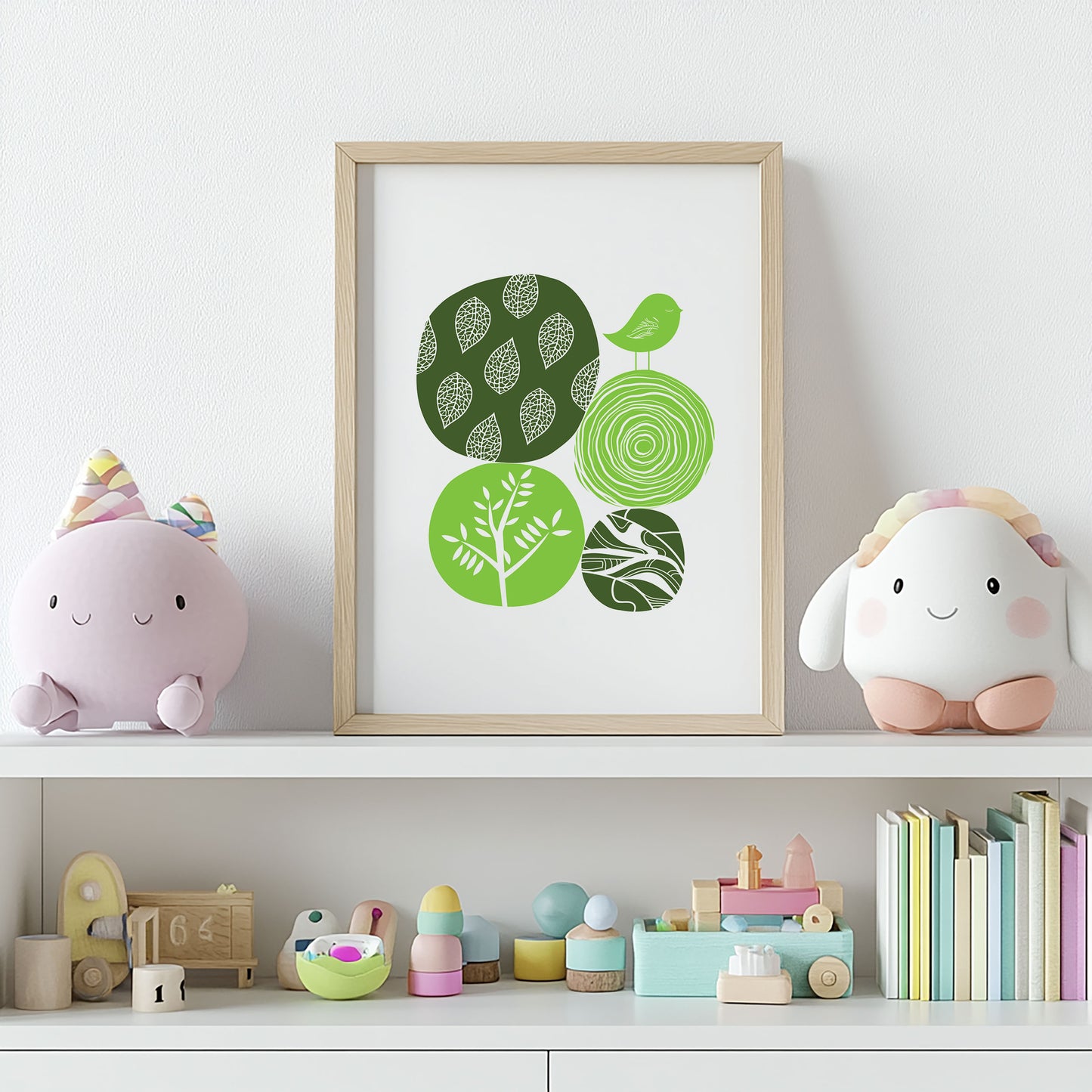 Green Abstract Nature Wall Art | Modern Minimalist Scandinavian Nursery Print | Mid-Century Floral Bird Illustration for Contemporary Home Decor | UNFRAMED Giclée Print