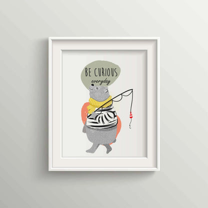 Cute Bear Fishing Art Print | Scandinavian Nursery Wall Art | UNFRAMED