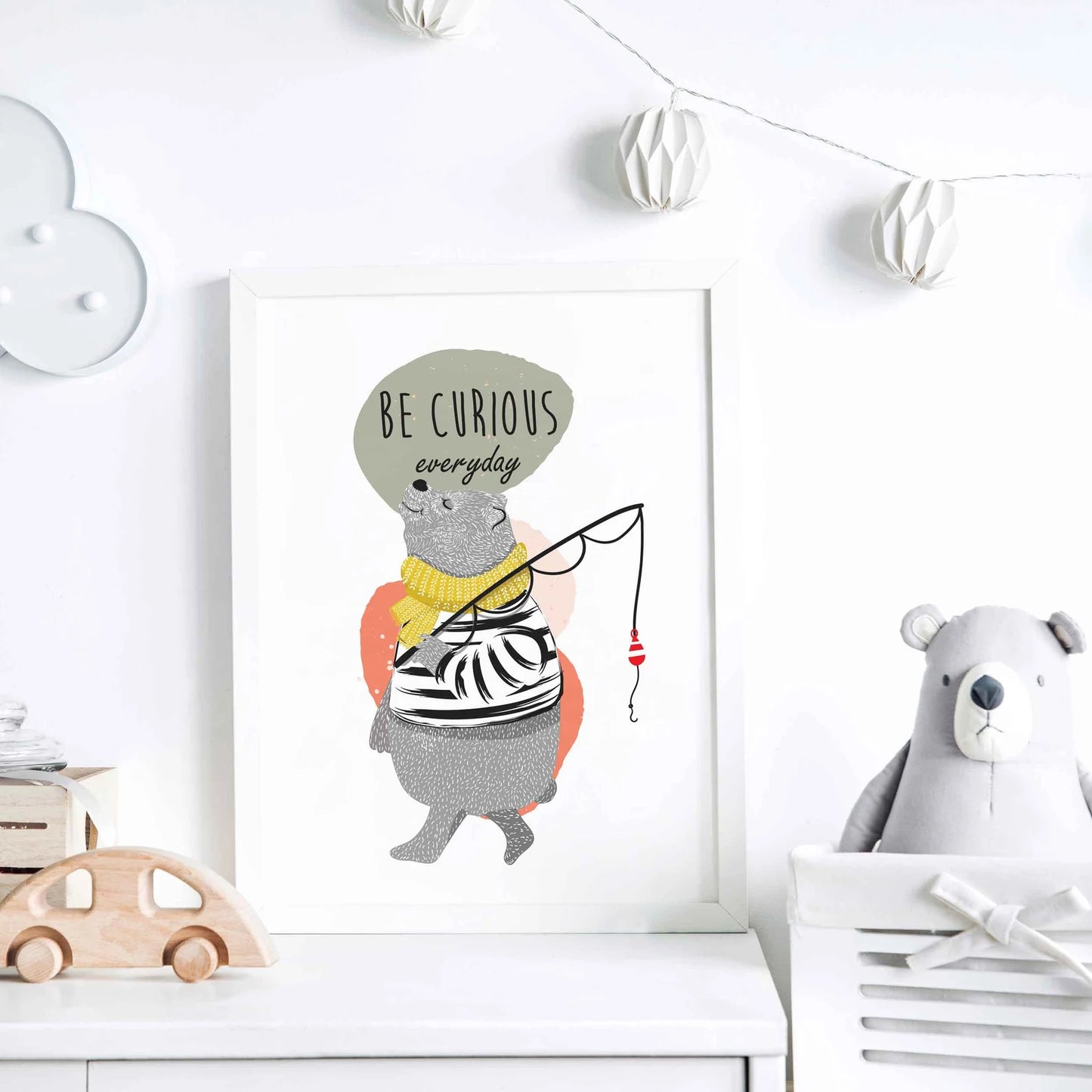 Cute Bear Fishing Art Print | Scandinavian Nursery Wall Art | UNFRAMED