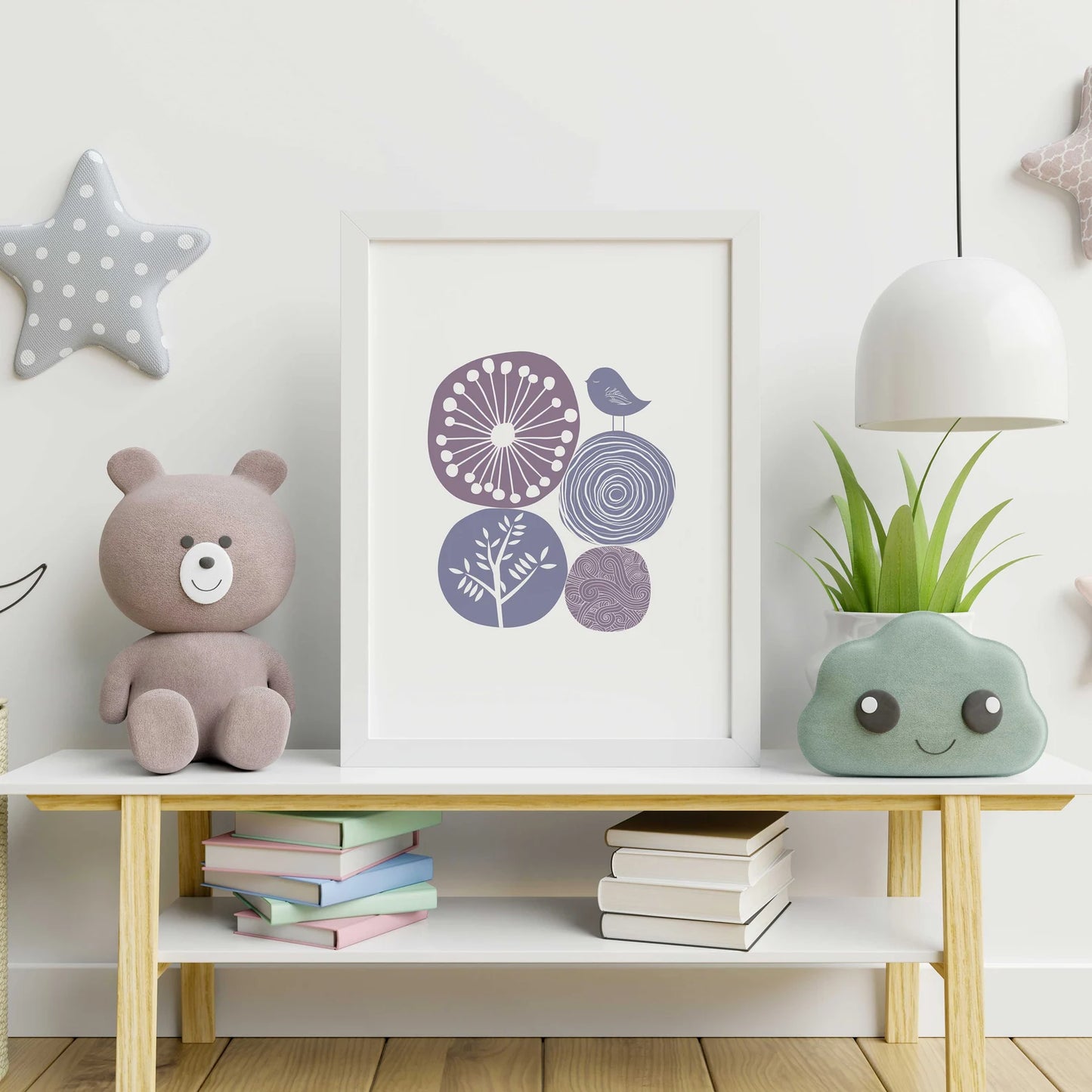 Purple Abstract Nature Wall Art | Modern Minimalist Scandinavian Nursery Print | Mid-Century Floral Bird Illustration for Contemporary Home Decor | Giclée Print