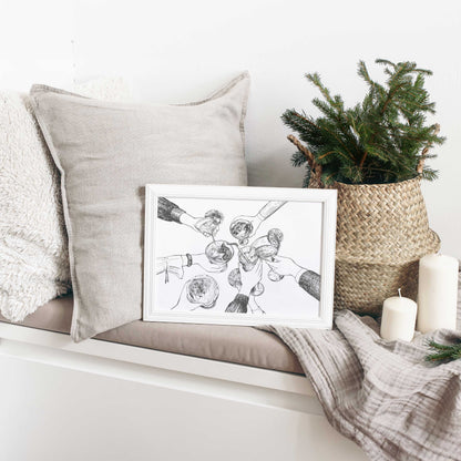 Cheers to Festive Moments: Black and White Friends' Cocktails Illustration | UNFRAMED Wall Art