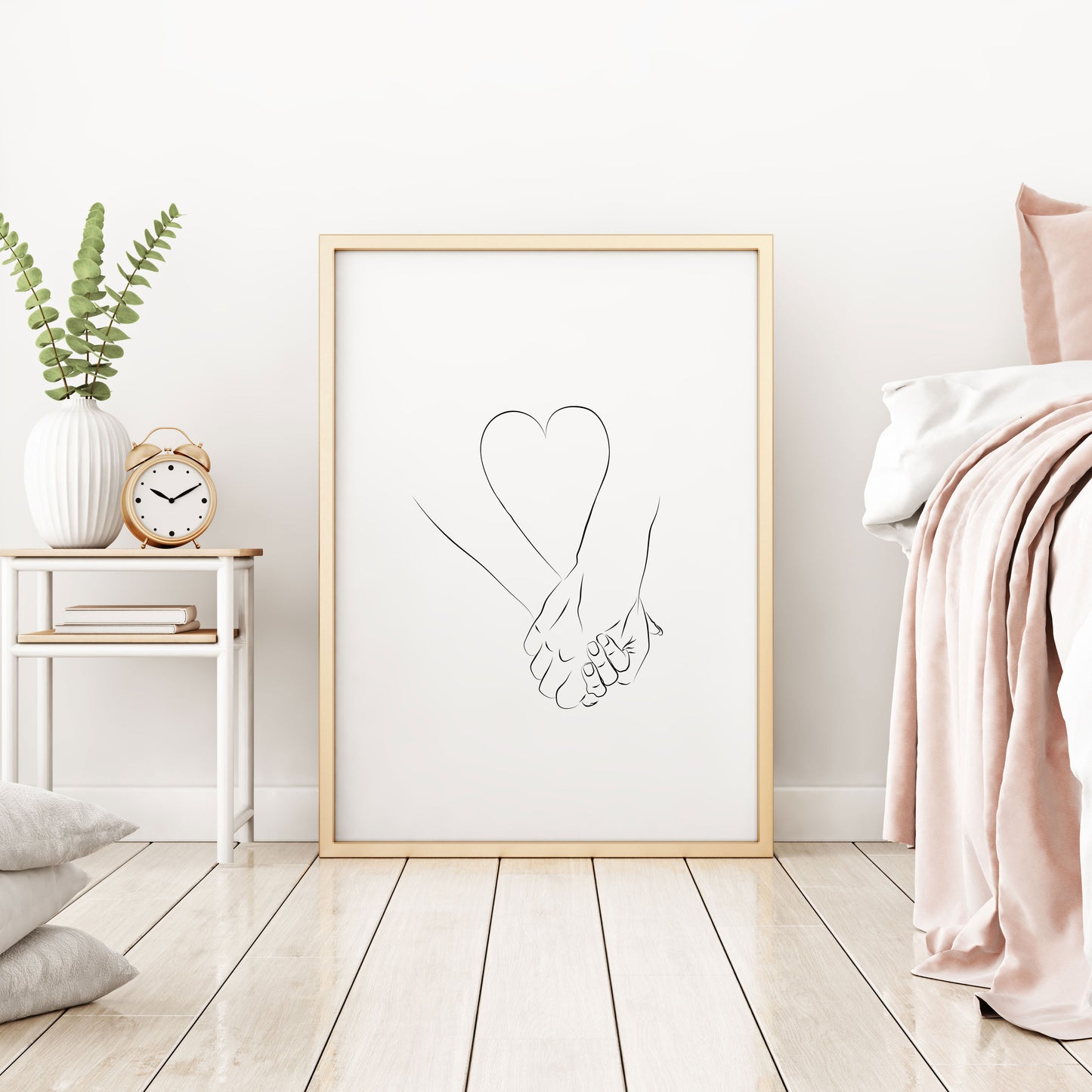 Minimalist Couple Holding Hands and Heart Love Wall Art – Black and White Line Art – Gallery Quality Giclée Print